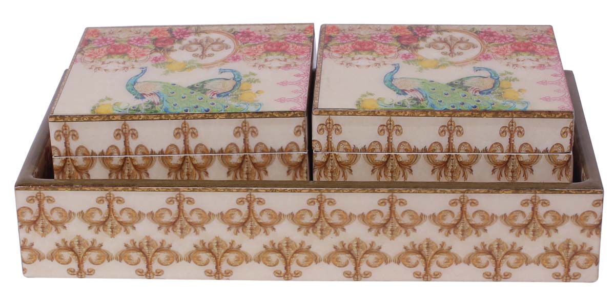 9” Peacock Storage Boxes / Containers with Tray in MDF - Set of 2 - Multicolored - Rich-Look Kitchen Essentials / Decor from India - Buy in Bulk Wholesale